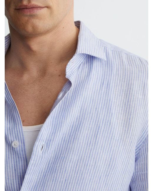 Reiss Blue Soft & Fine Stripe Linen Striped Cutaway-Collar Shirt Regular-Fit for men