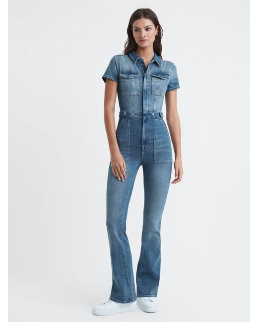 GOOD AMERICAN Blue Denim Bootcut Jumpsuit Cotton Plain