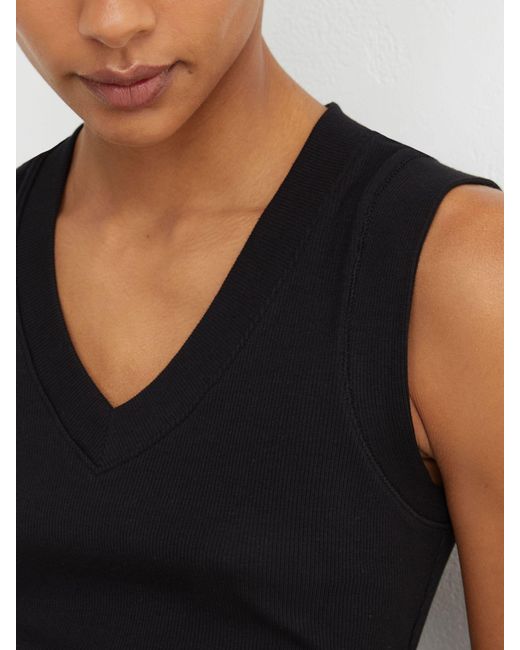 Reiss Black Stretch-Cotton Rib Ruched V-Neck Vest