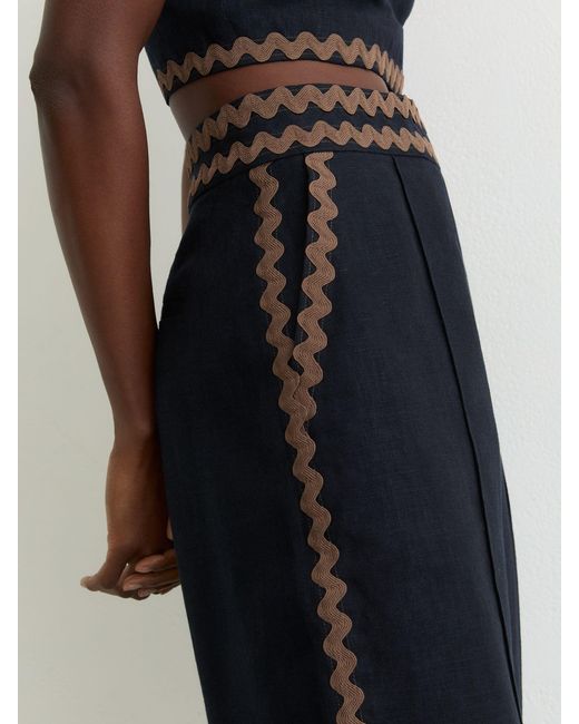 Reiss Black Linen Wave-Trim Wide-Leg Trousers