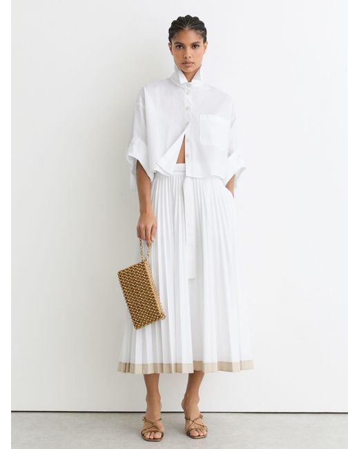 Reiss White Pleated Belted Midi Skirt With Cotton