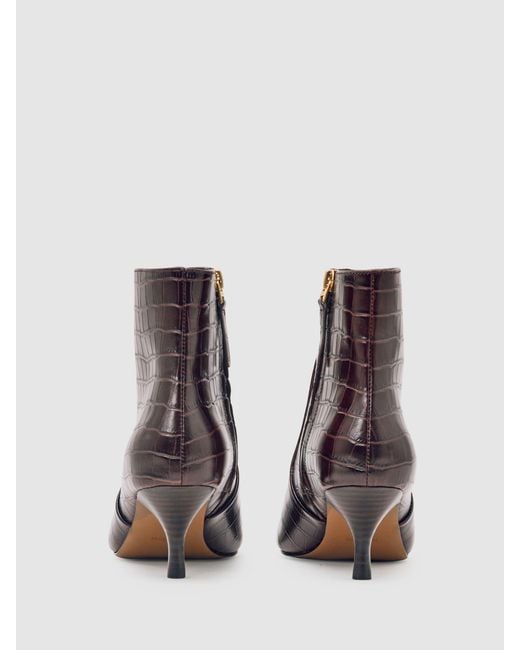 Reiss Brown Leather Crocodile-Effect Ankle Boots