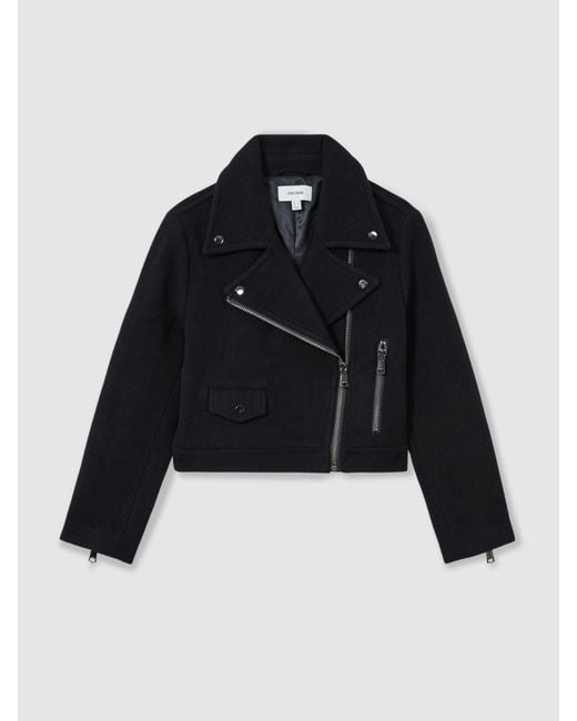 Reiss Black Wool-Blend Biker Jacket