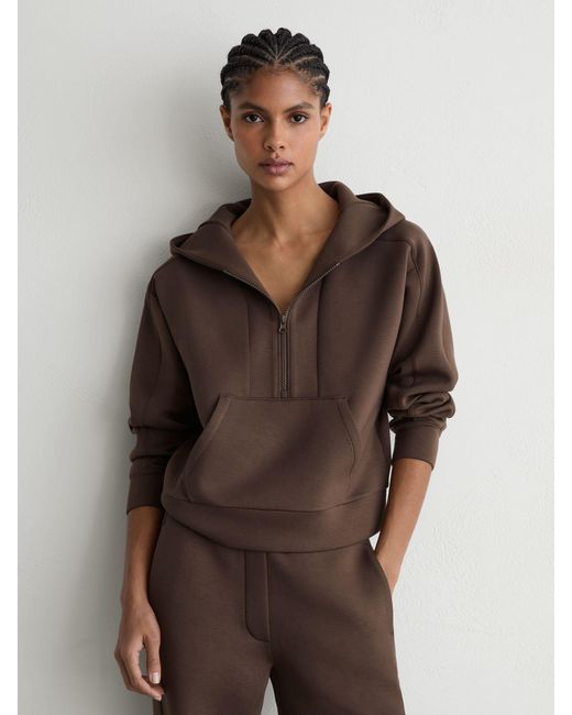Reiss Lockie - Mocha Brown Premium Interlock Half-zip Hoodie, Xs (us 2)