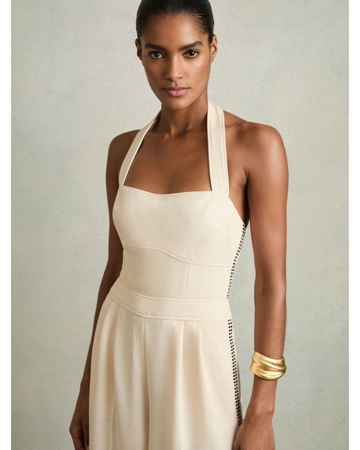 Reiss Natural Viola - Cream Petite Embroidery Halterneck Wide-leg Jumpsuit, Us 8