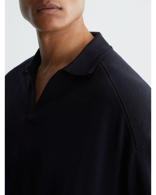 Reiss Blue Merino Wool Open-Collar Polo Jumper for men