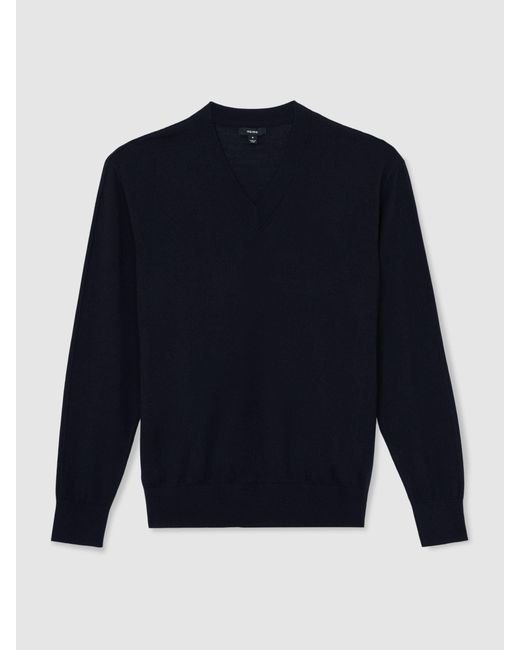 Reiss Blue Earlsfield Merino Wool V-Neck Jumper for men