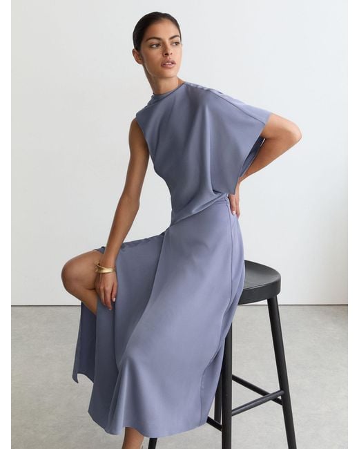 Reiss Blue Naomi - Lilac Purple Petite Satin One-shoulder Draped Midi Dress, Us 14
