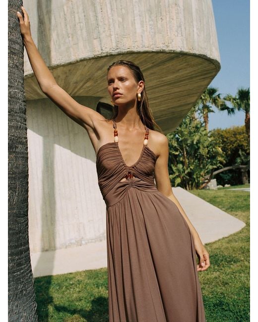 Reiss Brown Jersey Bead-Detail Ruched Maxi Dress