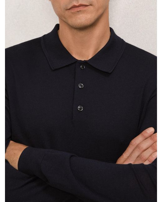 Reiss Blue Merino Wool Long-Sleeve Polo Shirt for men