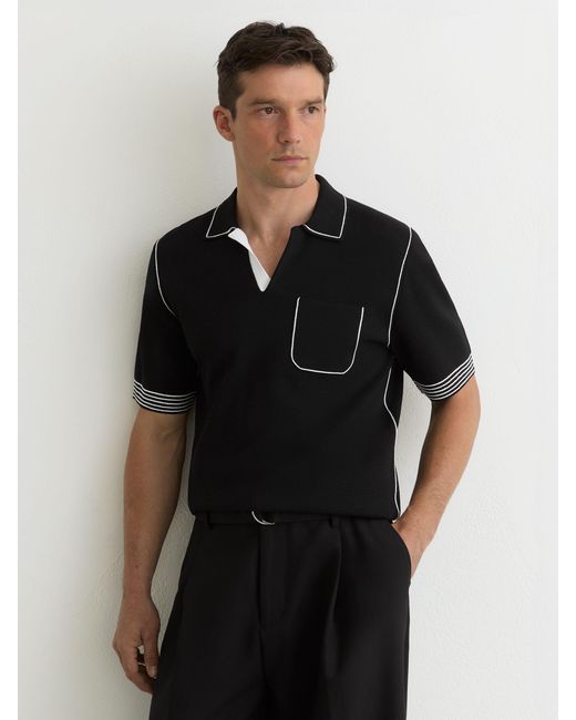 Reiss Black Newbury Contrast-Stitch Knitted Polo Shirt for men