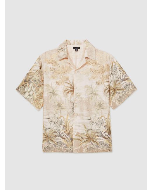 Reiss Natural Yoshi - Soft Sage Green Jungle Print Cuban-collar Shirt, 2x-large for men