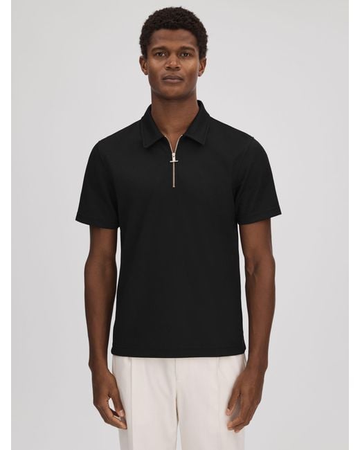 Reiss Black Slim Fit Half-Zip Polo Shirt for men