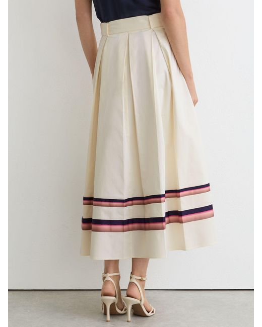Reiss White Rian - Cream Cotton Stripe-detail Belted Midi Skirt, Us 2