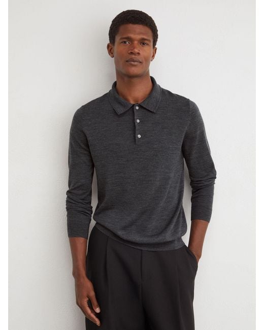 Reiss Gray Derby Marl Merino Wool Long-Sleeve Polo Shirt for men