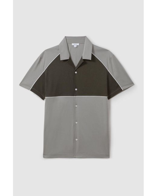 Reiss Multicolor Gino - Sage Green Mercerised Cotton Colourblock Cuban Collar Shirt, L for men