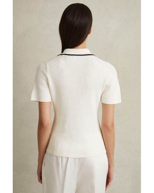 Reiss Natural Seleena - Ivory/black Linen Blend Open Collar Polo Shirt
