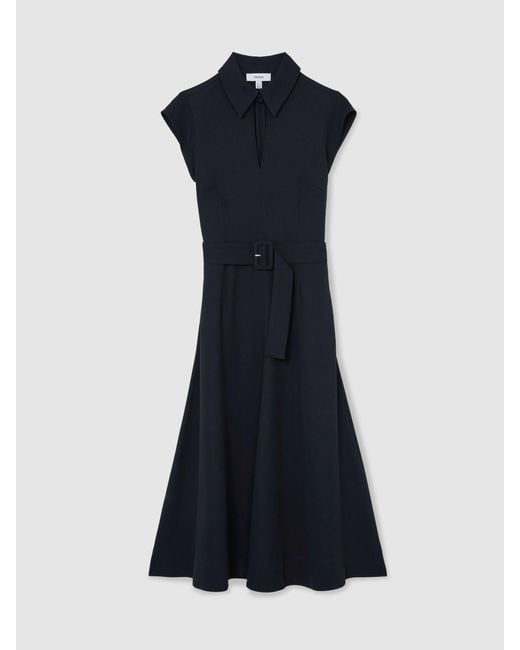 Reiss Blue Collared Belted Midi Dress