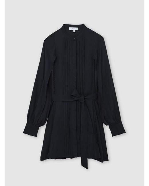Reiss Black Embroidered-Trim Belted Mini Dress
