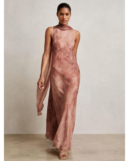 Reiss Natural Petite Chiffon Floral Cape Maxi Dress
