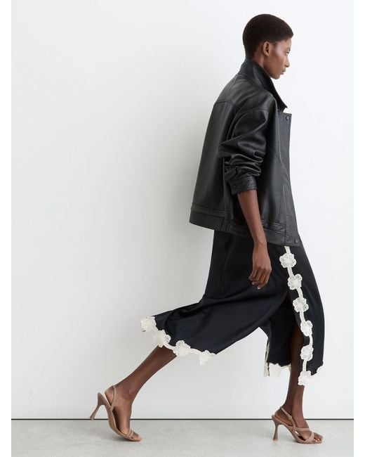 Reiss White Satin Floral-Lace Trim Midi Skirt