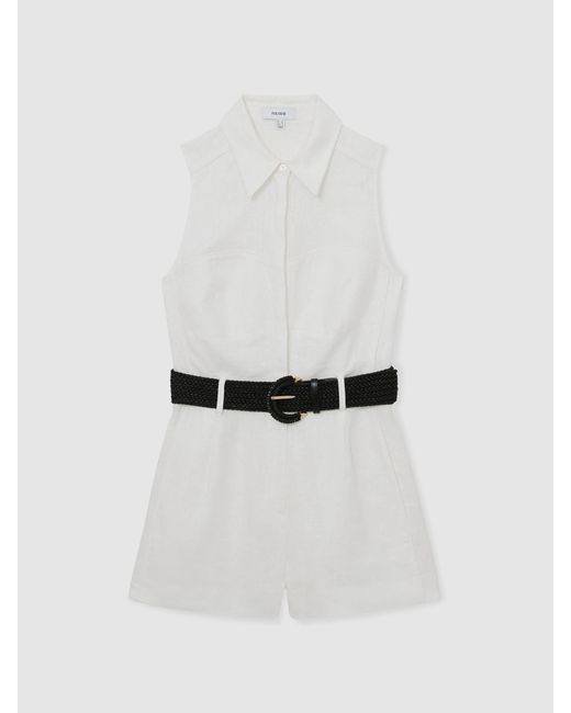 Reiss Natural Taylor - Ivory Linen Sleeveless Belted Playsuit, Us 10