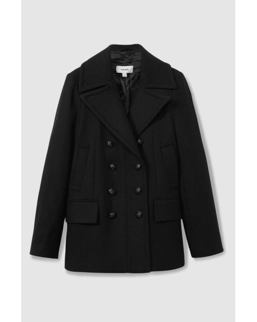 Reiss Black Wool Blend Double Breasted Pea Coat