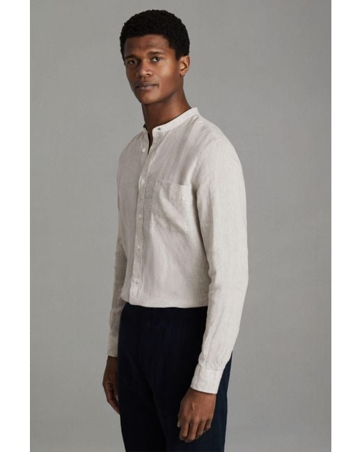 Reiss Gray Ocean - Stone Linen Grandad Collar Shirt for men