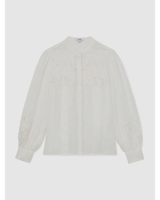 Reiss White Linen Embroidered Blouse