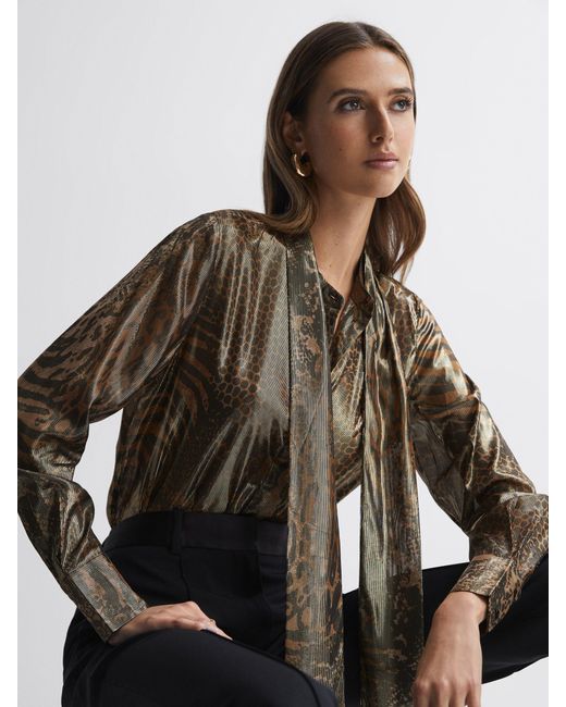 Reiss Brown Kendall - Gold Metallic Animal Print Tie Neck Blouse, Us 0