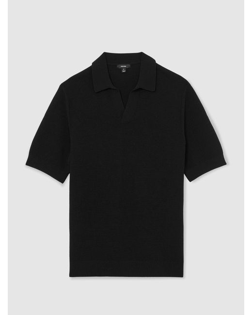 Reiss Black Cotton-Blend Basket-Stitch Open-Collar Polo for men