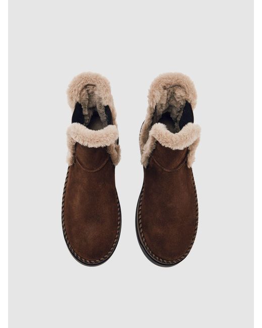 Reiss Brown Suede Faux Fur-Trim Ankle Boots