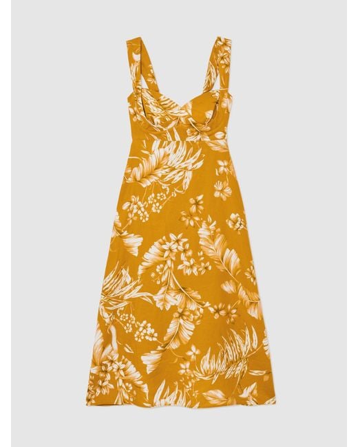 Reiss Metallic Addison - Yellow Linen Floral-print Midi Dress, Us 10
