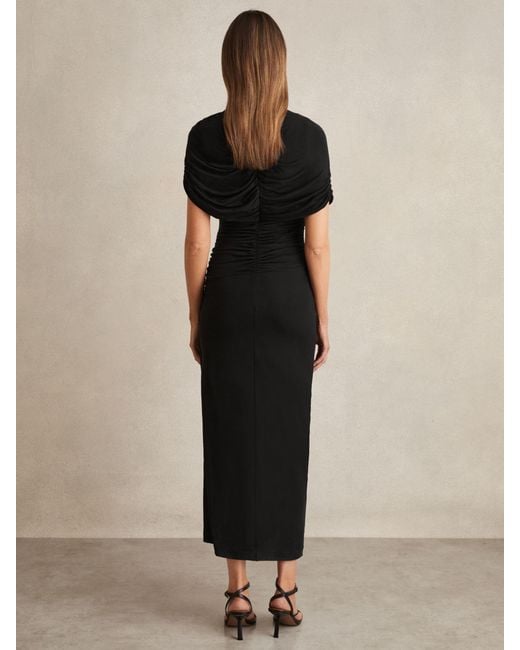 Reiss Azure - Black Stretch Lyocell Ruched Midi Dress, Us 6