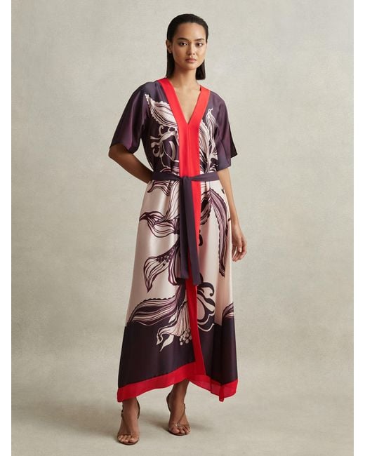 Reiss Red Hanna Printed Front Split Midi Dress, Cream & Burgundy