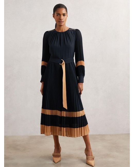 Reiss Blue Camel Colour-Block Pleated Midi Dress