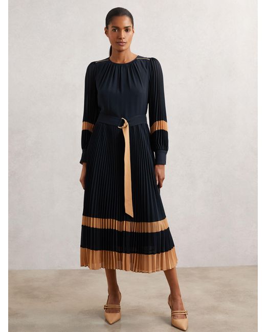 Reiss Blue Camel Colour-Block Pleated Midi Dress
