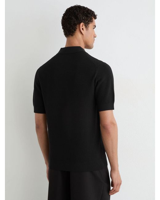 Reiss Black Cotton-Blend Basket-Stitch Open-Collar Polo for men