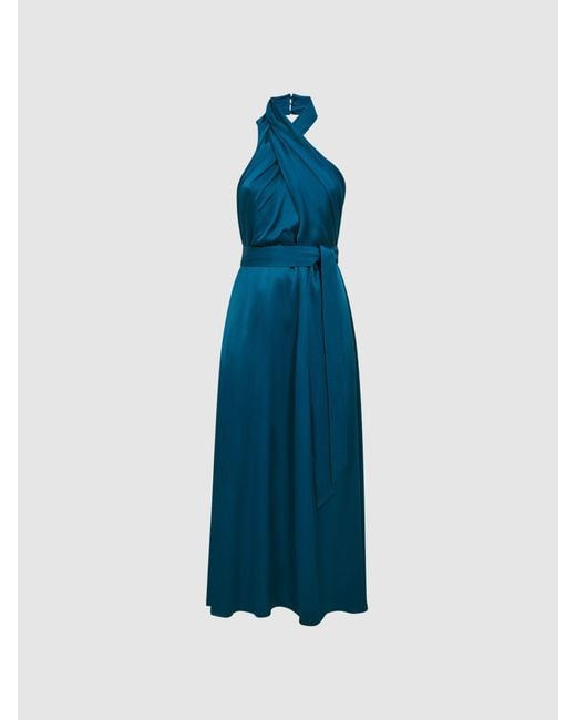 Reiss Blue Satin Halter Neck Fitted Midi Dress