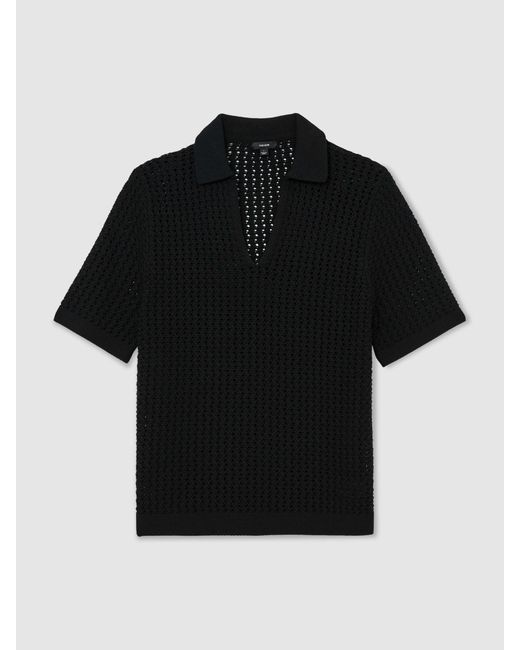 Reiss Black Crochet Open-Collar Polo Shirt for men