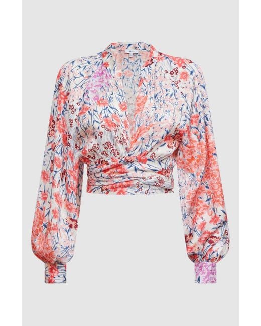 Reiss Elle - Coral/white Floral Print Tie Front Cropped Blouse, Us 14
