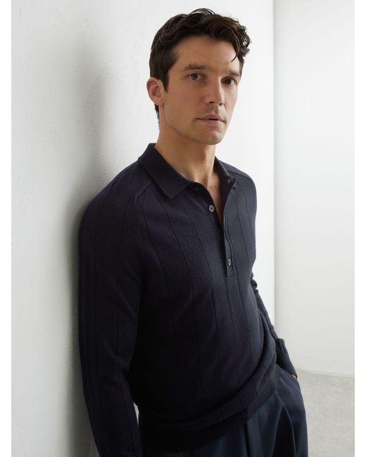 Reiss Blue Merino Wool Wide-Rib Polo Jumper for men