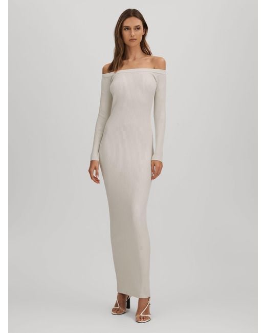 GOOD AMERICAN Gray Ribbed Off The Shoulder Maxi Dress
