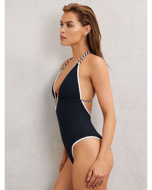 Reiss Blue Contrast-Trim Plunge-Neck Swimsuit