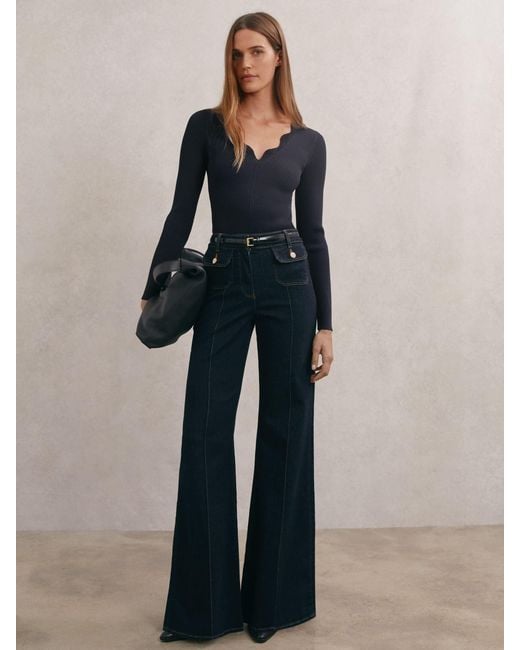 Reiss Blue Crochet-Trim Rib-Knit Top