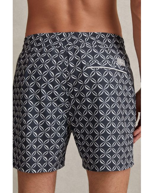 Reiss Multicolor Fraser - Navy/white Geometric Print Drawstring Swim Shorts for men