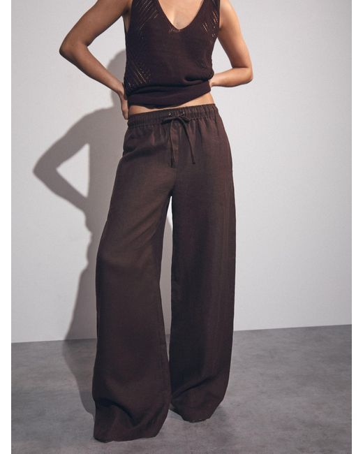 Reiss Blue Linen-Blend Wide-Leg Trousers