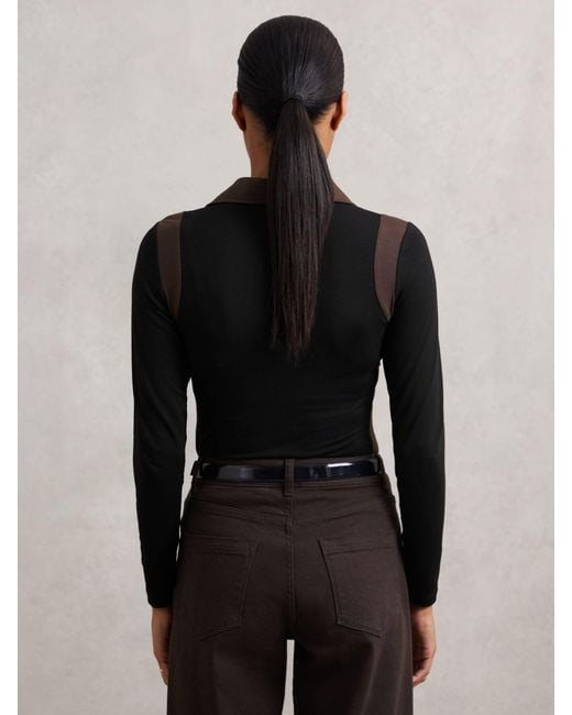 Reiss Black Chocolate Jersey Colour-Block Collared Shirt