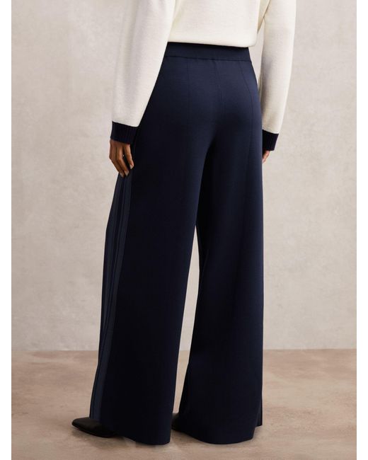 Reiss Blue Knitted Side-Stripe Wide-Leg Trousers