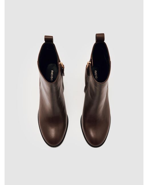 Reiss Brown Leather Block-Heel Ankle Boots